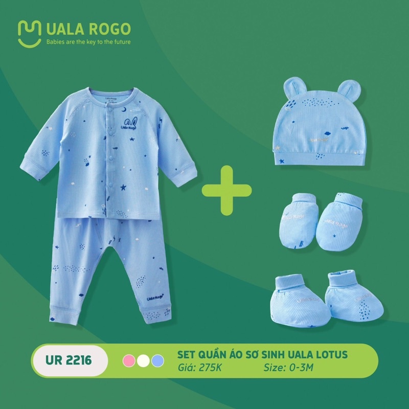 Bộ sơ sinh UALA ROGO vải petit full mũ bao tay chân siêu mềm [ babyboo]