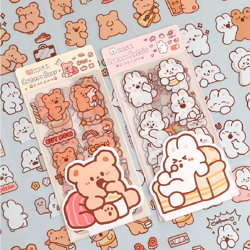 1 gói 10 miếng dán trang trí hình gấu và thỏ dễ thương chống thấm nước DIY