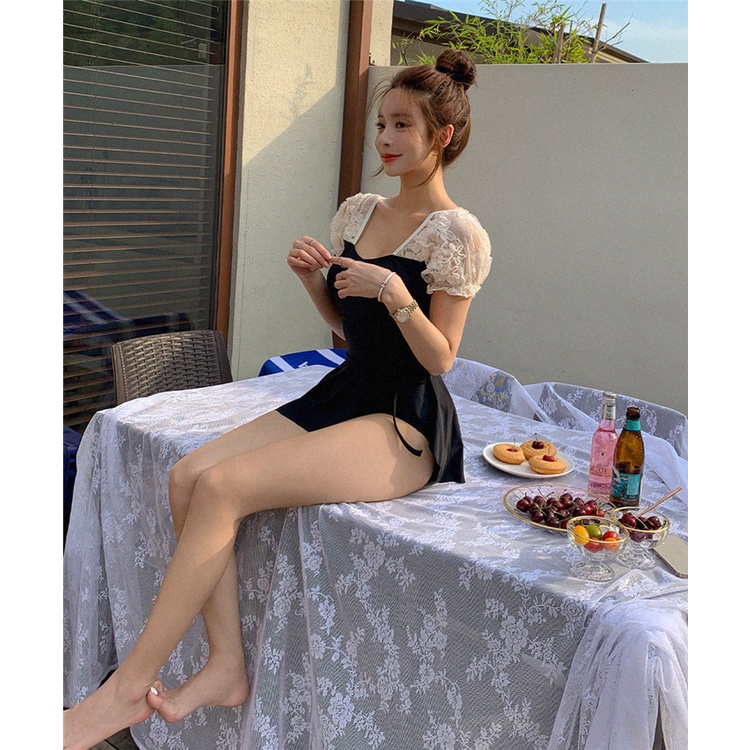 Mẫu mới 2023 bikini kèm chân váy cột dây phong cách Hàn Quốc tay ren bồng nữ tính, bộ đồ bơi, đi biển