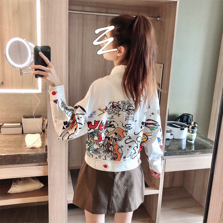 Áo khoác Denim dáng rộng in họa tiết Graffiti thời trang mùa thu cho nữ