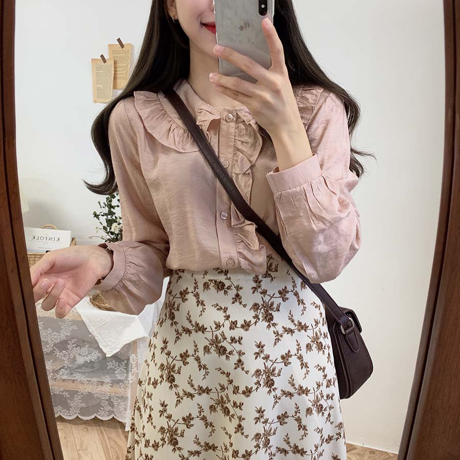 Áo Sơ Mi Dài Tay Cổ Búp Bê Màu Trơn Đơn Giản 30680