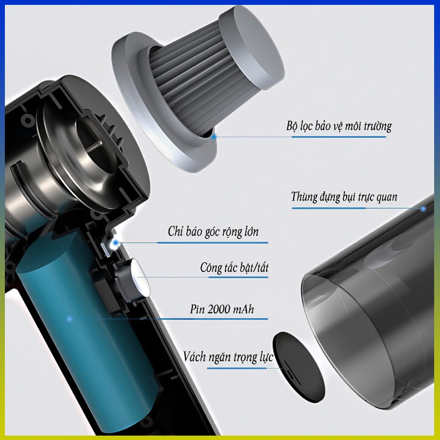 Máy hút bụi Ô tô mini cầm tay không dây-Hút bụi chân không cho nhà và xe bản nâng cấp-Công suất cao 100W,Hút lớn 9000pa