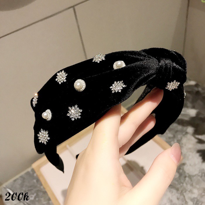Bờm nhung đính đá HÀN QUỐC cao cấp. Chất nhung sang trọng. Màu Đen - kẹp tóc nơ, phụ kiện tóc, bờm