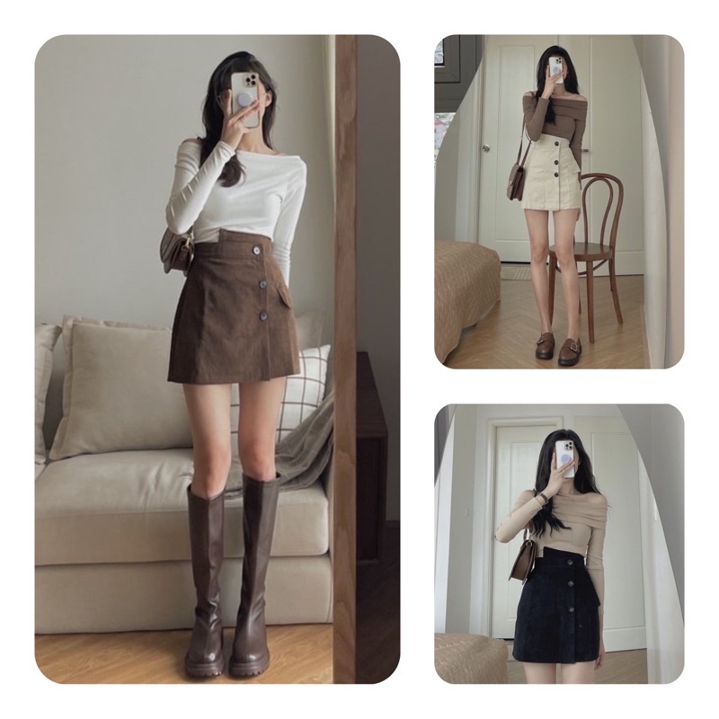 Chân váy a ngắn có quần lót trong chất nhung tăm - chân váy ngắn nâu đen cạp 3 khuy siêu hot mặc đi làm đi chơi | BigBuy360 - bigbuy360.vn