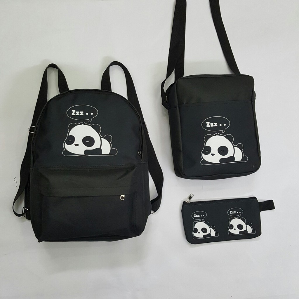Set balo bộ 3 món: balo + túi + ví in hình gấu panda