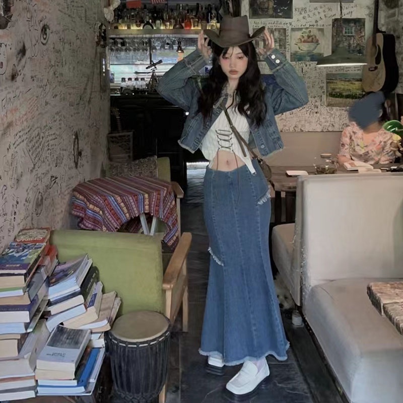 IMAODOU Bộ Áo Khoác + Chân Váy Xẻ Tà Xinh Xắn Theo Phong Cách Mùa Thu Retro Dành Cho Nữ