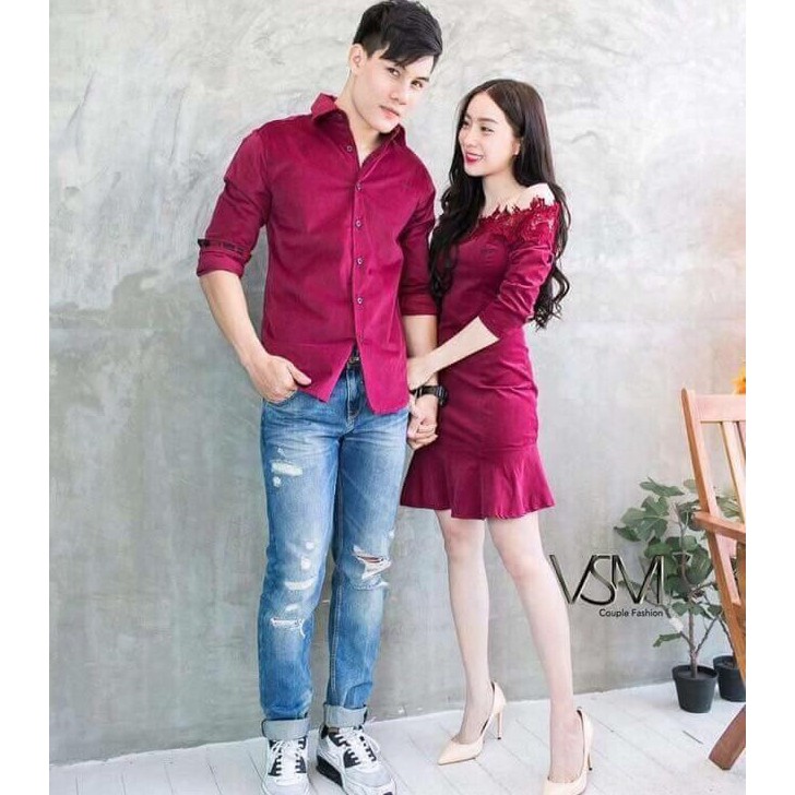 Đồ đôi nam nữ FREESHIP Áo đôi áo cặp Hàn Quốc Couple váy đuôi cá sơ mi đẹp màu đỏ đô AV23