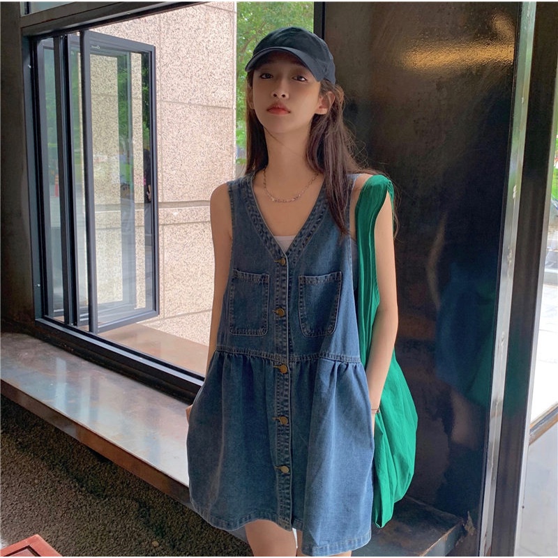 Đầm Yếm Denim Không Tay Dáng Rộng Thời Trang Mùa Hè Hàn Quốc 2022 Mới