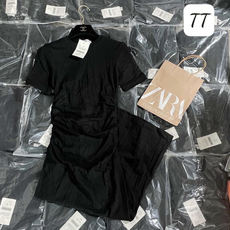 Váy Body Đen Dúm Hông Dáng Dài Tay Cộc Đầm Ôm Bó Chất Bozip