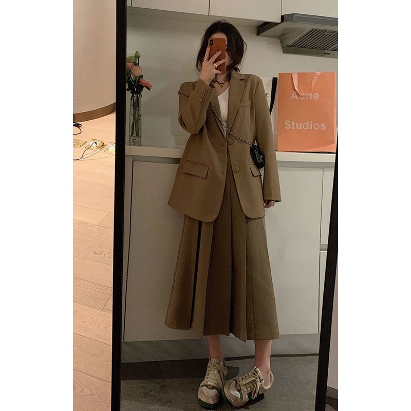 Set Áo Khoác Vest Màu Trơn + Chân Váy Xếp Ly Lưng Cao Thời Trang Hàn Quốc