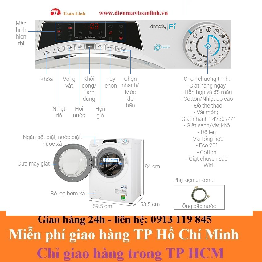 Máy giặt Candy RO 1496DWHC7\1-S (9Kg) Wifi Bluetooth ( dòng Rapido) - Hàng chính hãng