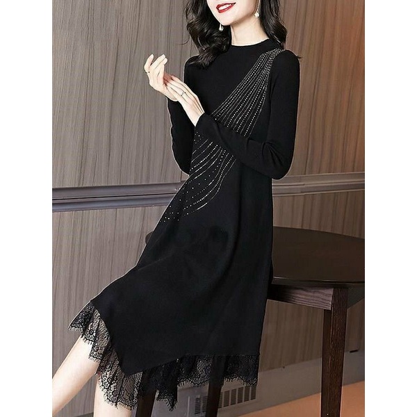 Hàng nhập - Đầm len suông đính cườm viền ren, váy xuông thời trang thu đông xinh xắn