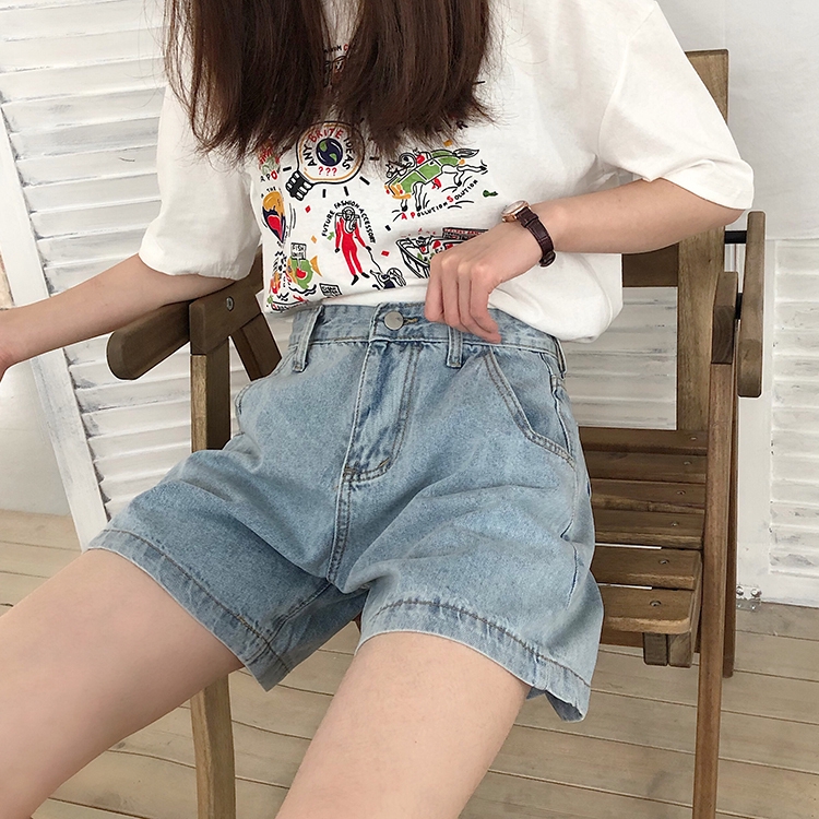 Quần Short Denim Lưng Cao Ống Rộng Phong Cách Hàn Quốc Dành Cho Nữ