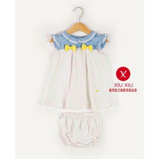 Set đầm xuất Âu chấm bi cổ xanh nơ vàng hiệu Dulces