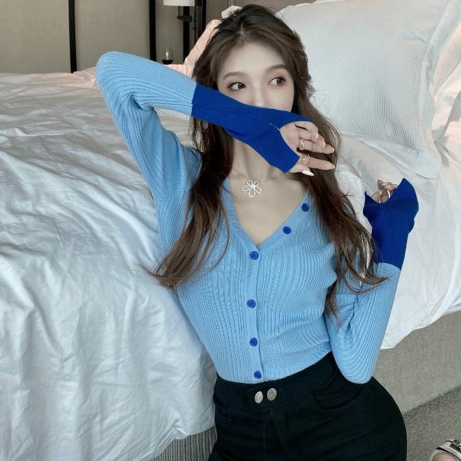 COZOK Áo len tay dài cổ chữ V màu sắc trẻ trung cho nữ