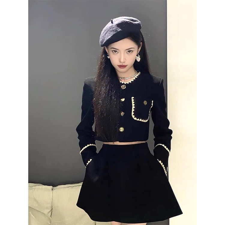 Sét áo khoác nhung croptop viền túi cúc đồng kèm chân váy xếp ly xòe lưng cao màu đen sang chảnhtiểu thưđi chơi hot 2022