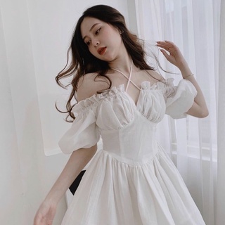 🦋Đầm Trắng Rớt Vai Dây Cổ Yếm Chéo Phồng Xoè🦋