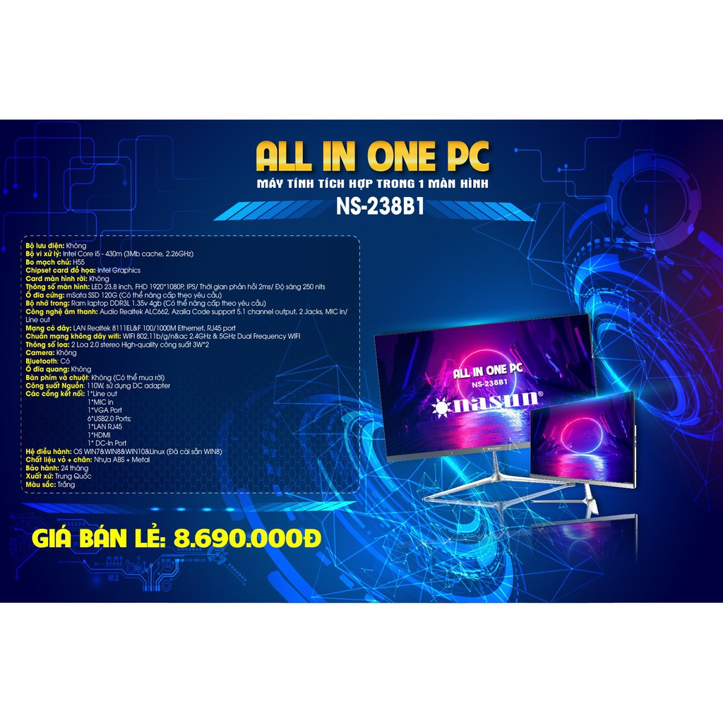 Máy tính All in One NASUN (Máy tính tích hợp trên cùng màn hình, không cần case) model NS-238B1, chip i5, màn 23.8" IPS | BigBuy360 - bigbuy360.vn