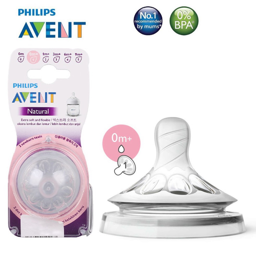 Núm ti silicone Philips Avent Natural cho trẻ sơ sinh (Vỉ 2 núm)