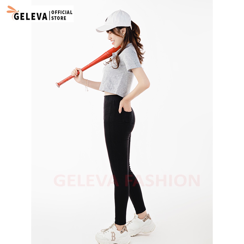Áo polo croptop nữ tay ngắn có cổ vải cotton co dãn màu ghi Geleva GE918