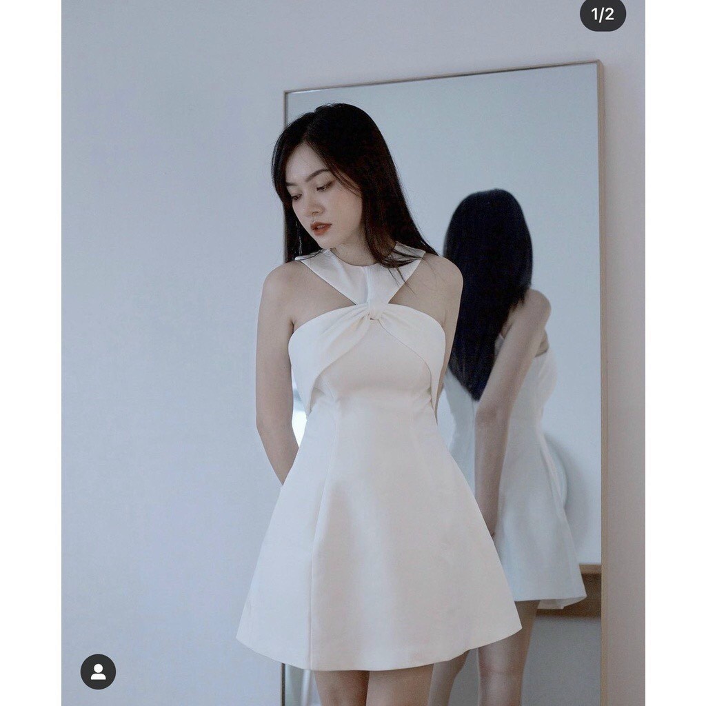 [ Miễn phí ship 2022 ] Đầm trắng đi chơi đi tiệc xinh xắn, váy cổ xoắn umi dáng xoè có mut ngực