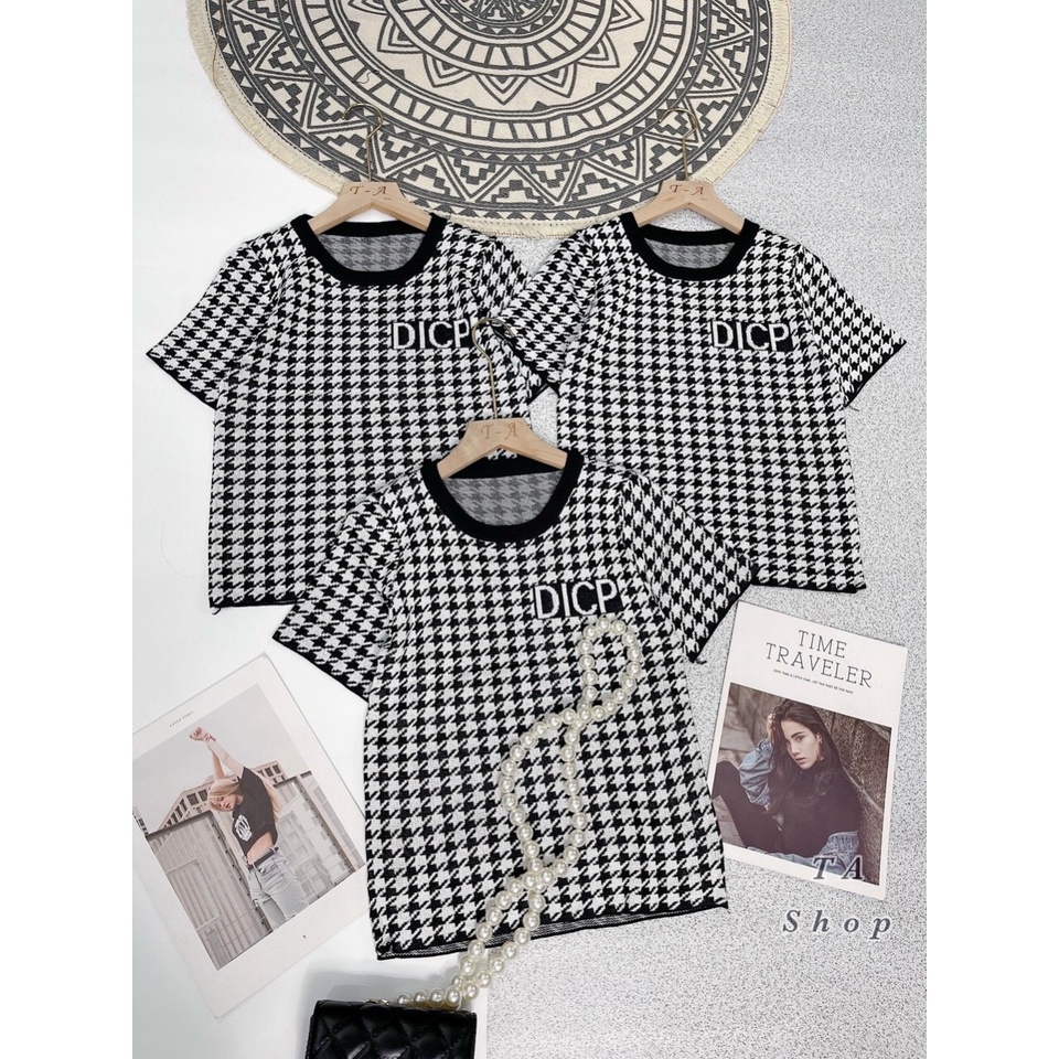 Áo len cộc tay họa tiết zic zăc viền cổ - Hàng Quảng Châu