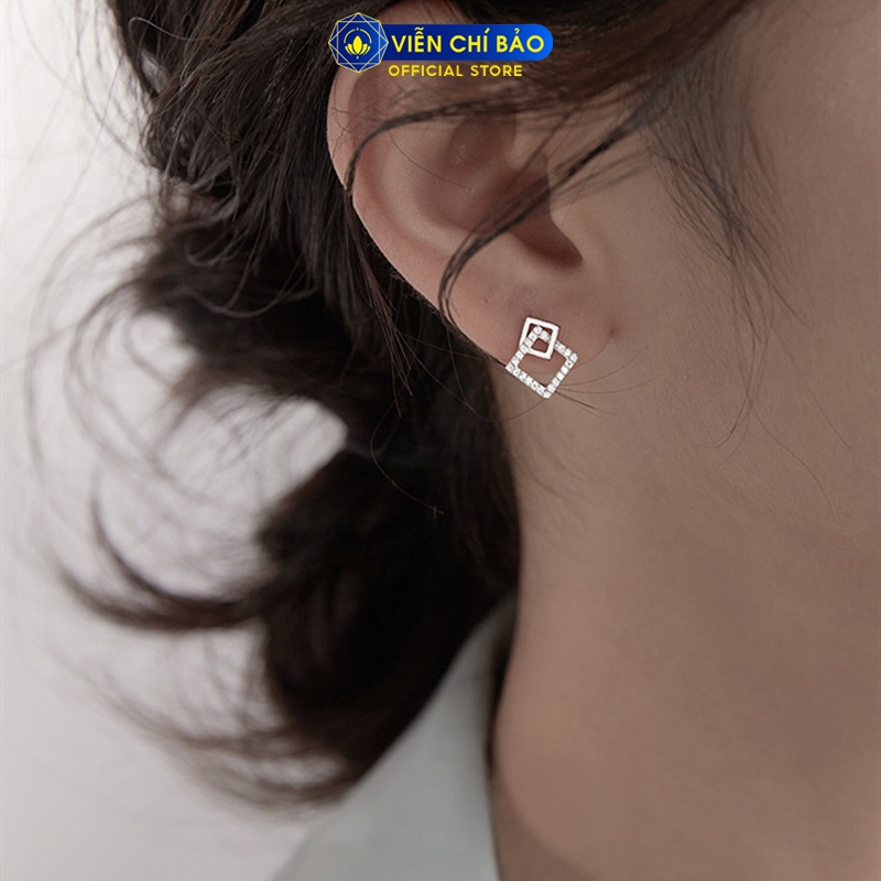 Bông tai bạc nữ hình vuông đính đá chất liệu bạc Ý thời trang phụ kiện trang sức nữ thương hiệu Viễn Chí Bảo B400575