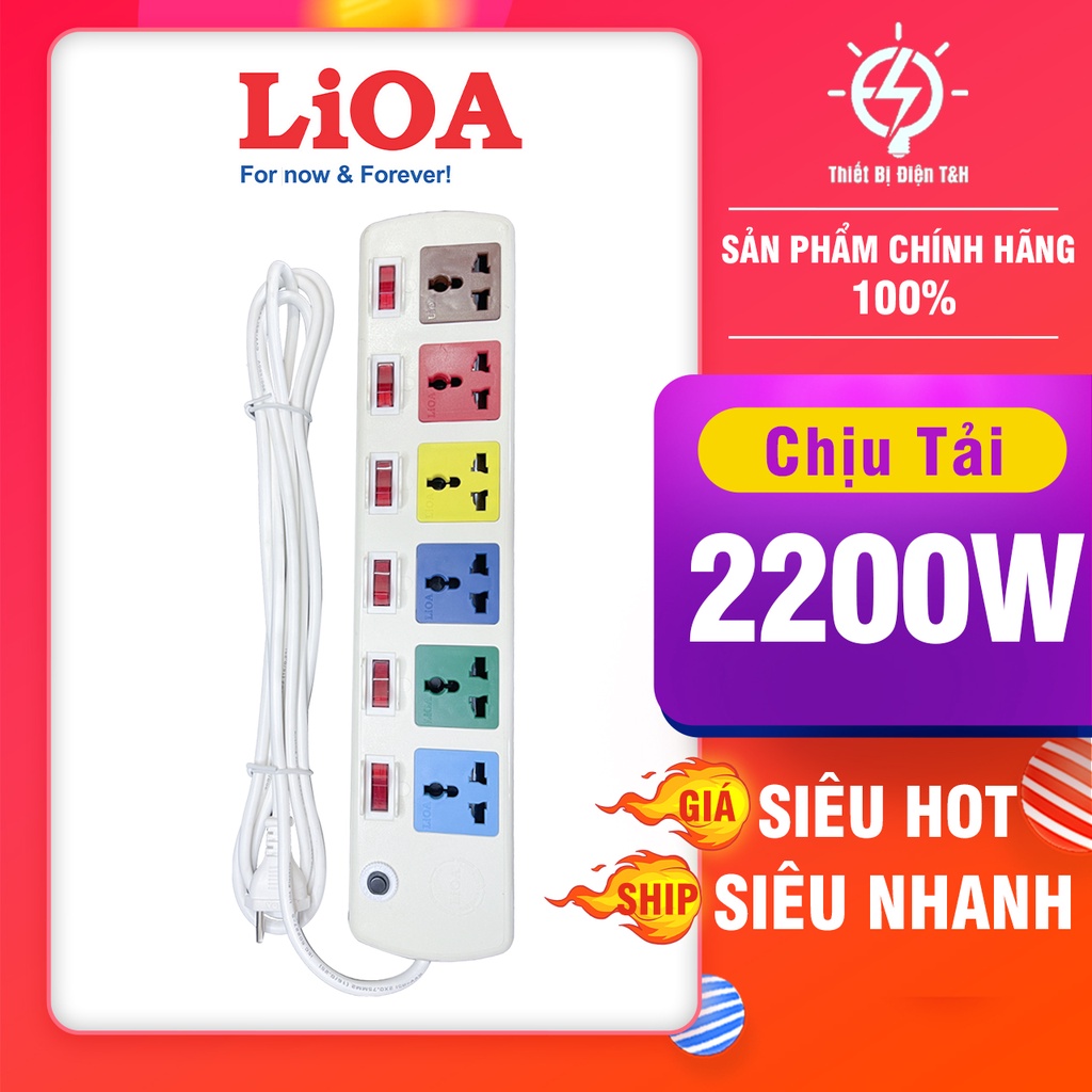 Ổ cắm điện đa năng LIOA, 2200W, 6 ổ cắm, 6 công tắc, dây dài 3M, 5M, 6DOF32WN - Thiết Bị Điện T&amp;H