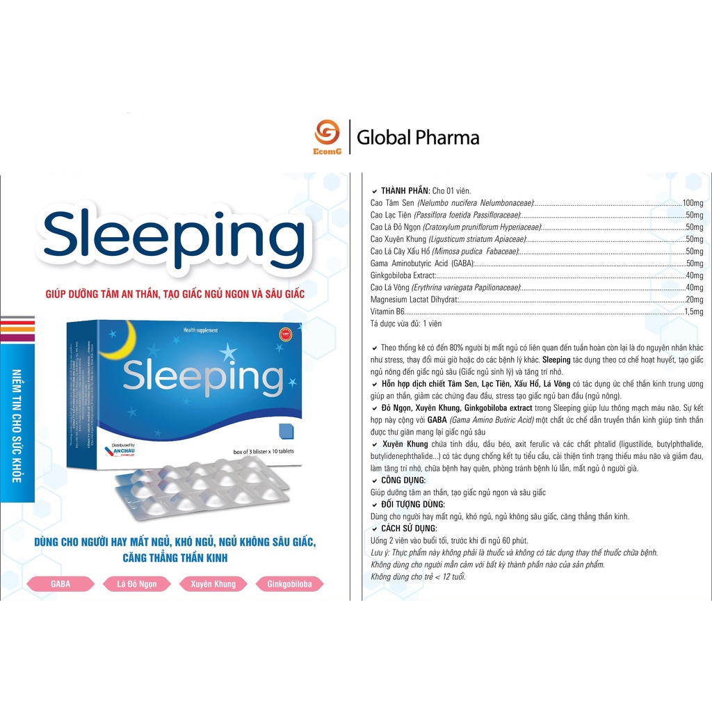 Viên uống sleeping AN CHÂU hỗ trợ giấc ngủ, tạo giấc ngủ ngon sâu giấc hộp 3 vỉ 30 viên - globalPharma
