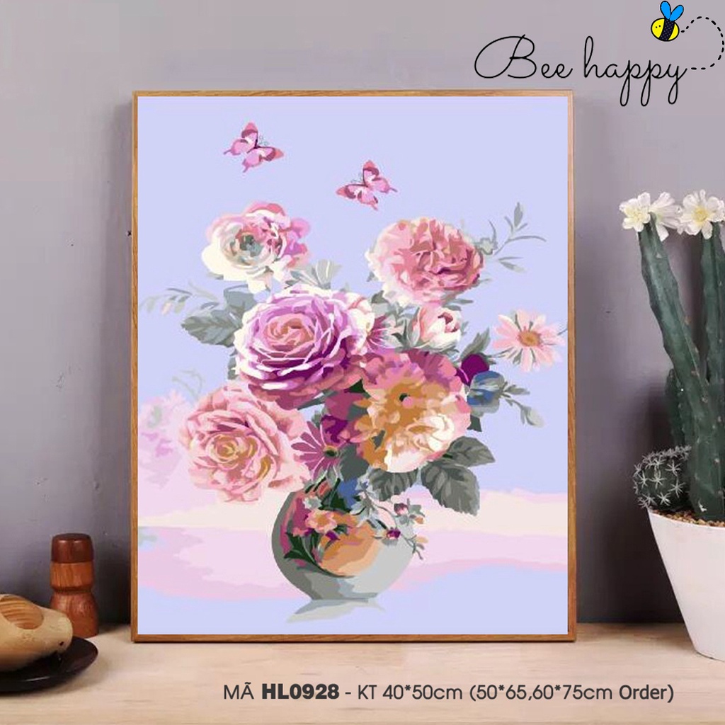 Tranh sơn dầu tự tô số hoá BEE HAPYY Tranh hoa mẫu đơn nhẹ nhàng trang trí phòng khách HL0928