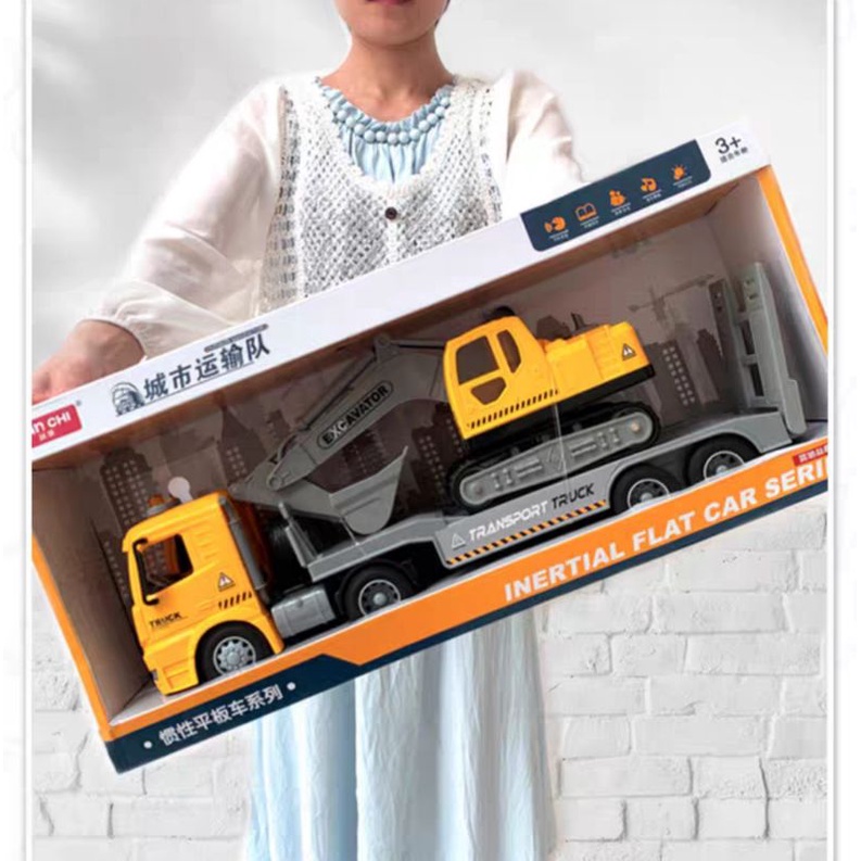 Xe mô hình container chở máy xúc cho bé