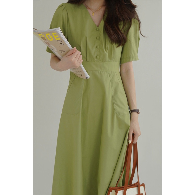 Đầm Midi Dáng Chữ A Tay Ngắn Cổ Chữ V Màu Xanh Lá Phong Cách Retro