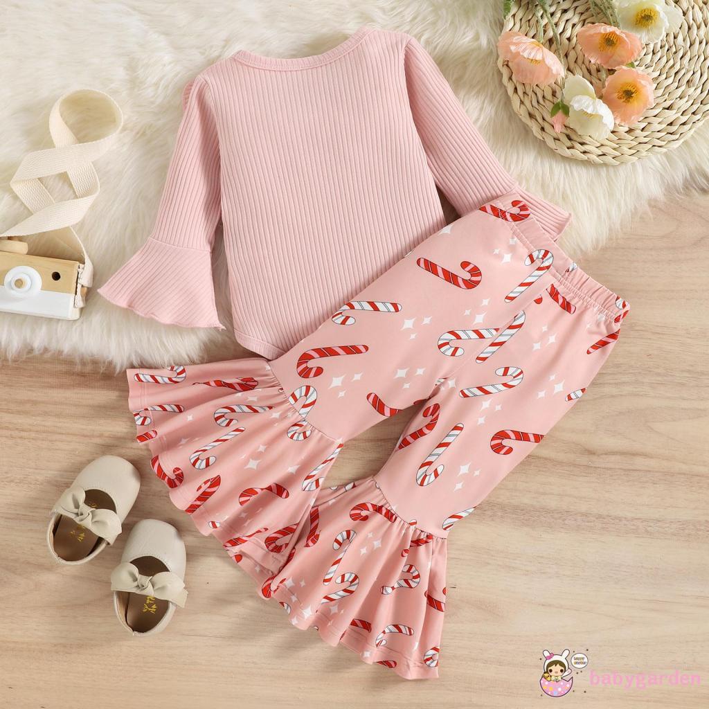 Set Đồ Mùa Thu 2 Món Gồm Áo Liền Quần Tay Xòe Có Diềm Xếp Nếp + Quần Dài In Họa Tiết Cho Bé Gái 0-24 Tháng Tuổi