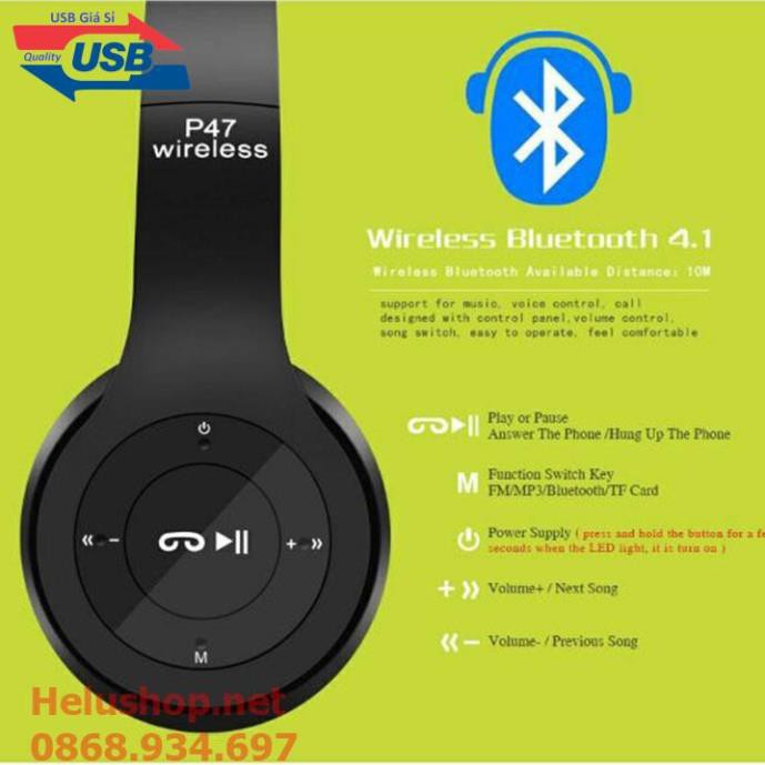 Tai nghe bluetooth không dây chụp tai P47 cho điện thoại iphone,samsung,sony…giá rẻ - Có mic,khe cắm thẻ nhớ,FM