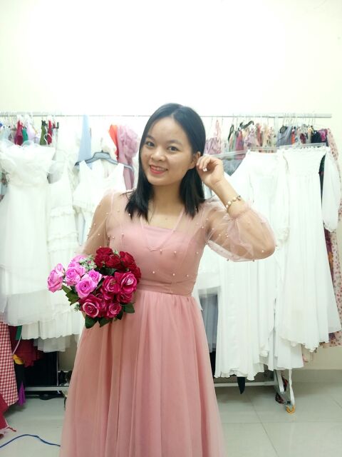 Đầm công chúa hồng, tay dài đính hạt