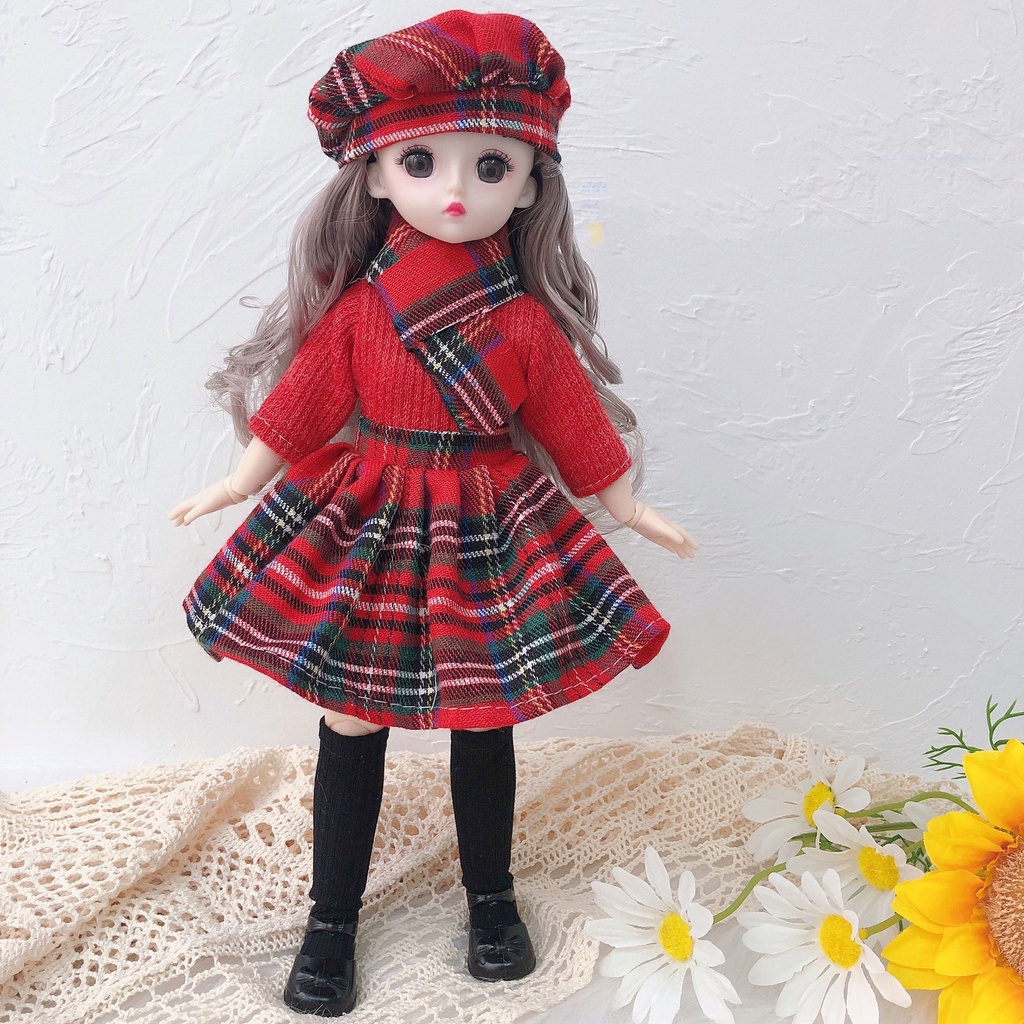 Búp Bê Cao 30cm 22 Khớp Xinh Đẹp - Váy Kẻ Đỏ Noel