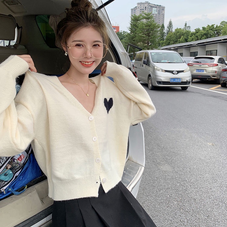 Áo Khoác Cardigan Len Dệt Kim Mỏng Tay Dài Cổ Chữ V Thêu Hình Trái Tim Màu Sắc Tương Phản Phong Cách Hàn Quốc