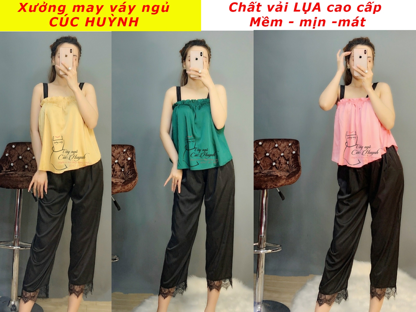 [Ảnh thật - Chất Đẹp] Bộ ngủ dễ thương [FreeShip] Bộ ngủ lụa cao cấp kèm quần dài phối ren mi siêu xinh - CÚC HUỲNH