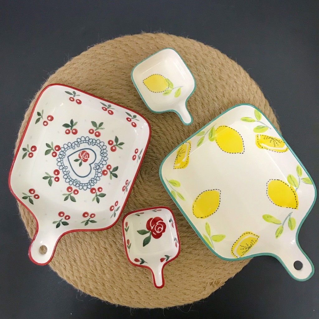 Đĩa vuông cán dài đĩa sứ họa tiết chanh vàng họa tiết cherry đỏ đĩa hoa quả, đĩa chấm 3.21.1