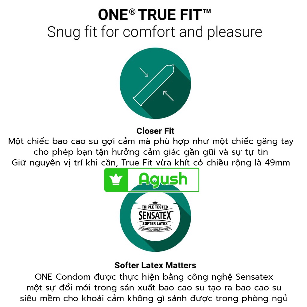 Bao cao su gia đình size nhỏ 49mm chính hãng ONE CONDOMS TRUE FIT hộp 3 cái cao cấp ôm sát thơm che tên sản phẩm giá rẻ