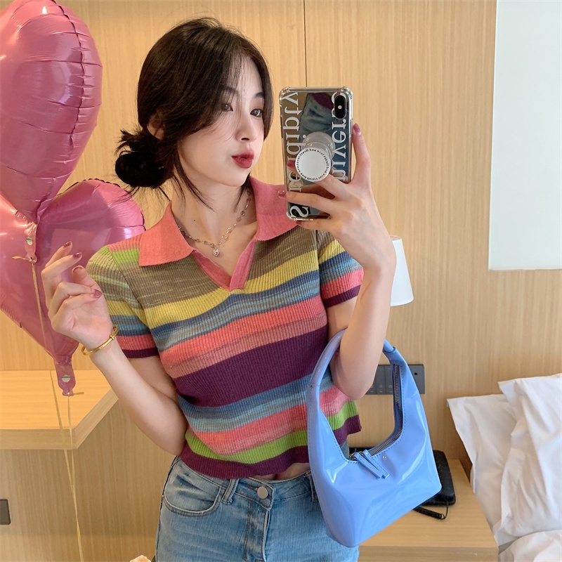 Áo Dệt Kim Cổ POLO Kẻ Sọc Cầu Vồng Tương Phản Hàn Quốc
