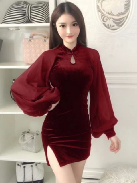 Ảnh thật-Clip thật Sườn xám nhung tay voan đỏ size SML