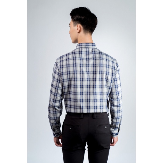 Áo Sơ Mi Nam Dài Tay Owen AR61047DT Xám Kẻ Caro Xanh Than Dáng Regular Fit Có Túi Vải Sợi Tre