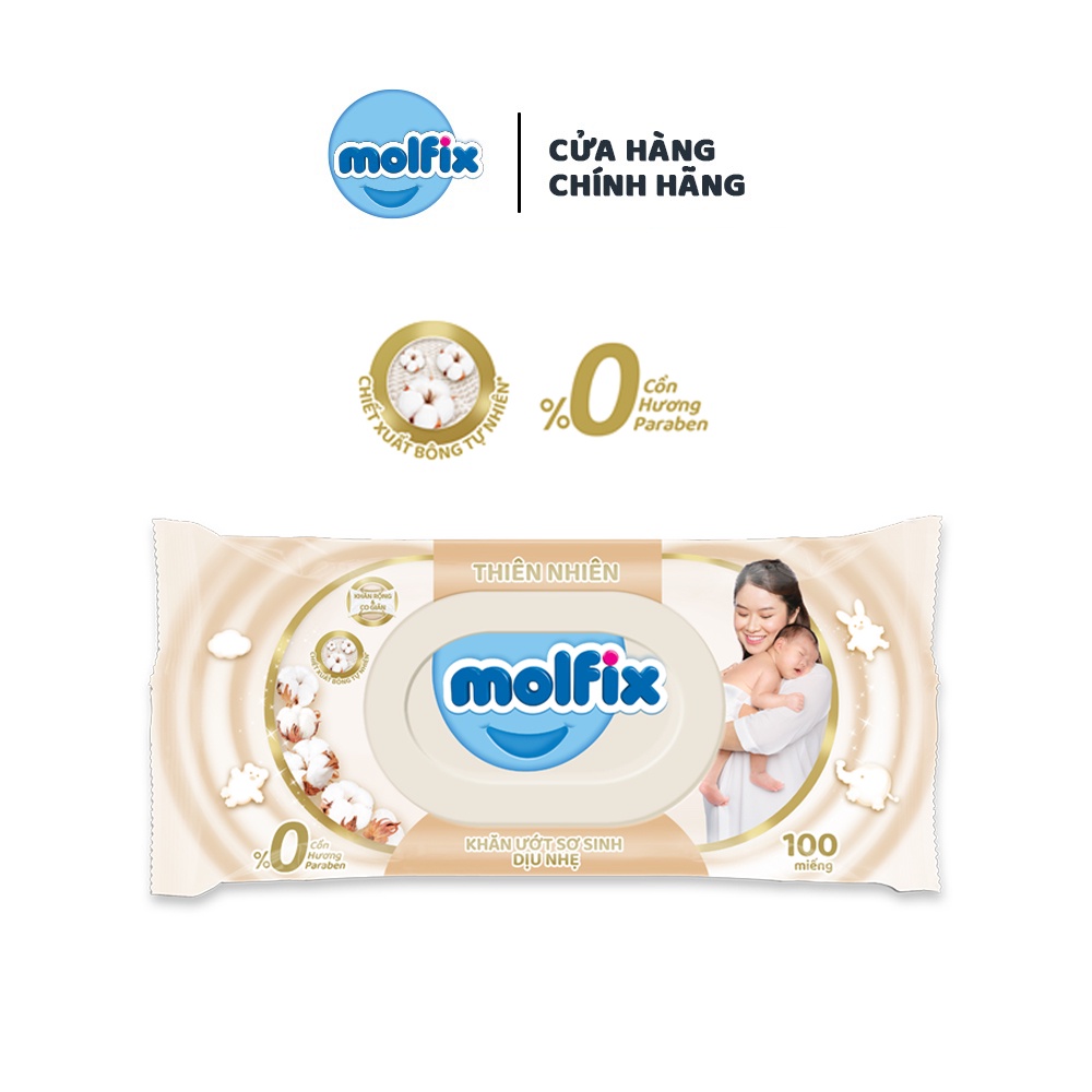 [Tặng 2 khăn ướt cùng loại] Combo 6 Khăn ướt Molfix Thiên nhiên Sơ Sinh Dịu Nhẹ - Gói 100 miếng