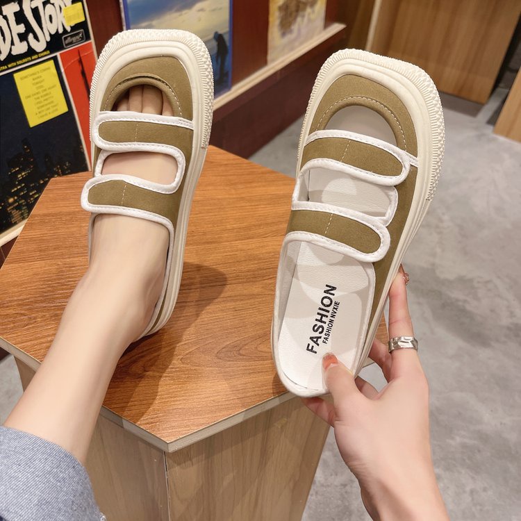 Fashionable Square Velcro Comfortable Sneaker Canvas Lazyshoes Sandals