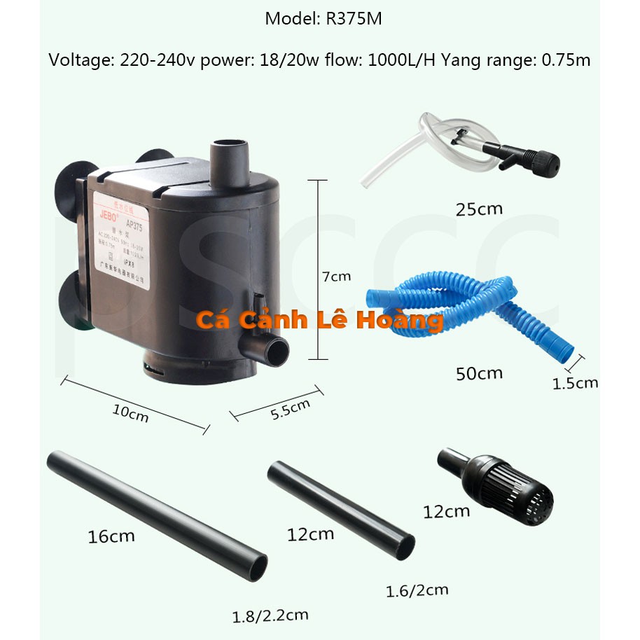 Máy bơm nước bể cá hồ cá chìm đầu lọc Jebo đẩy cao từ 60cm đến 90cm