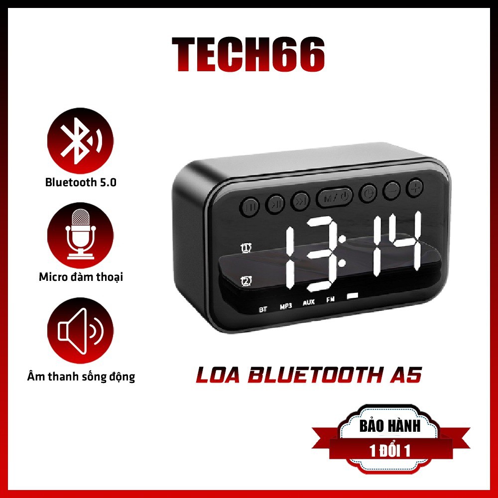 Loa bluetooth kiêm đồng hồ báo thức A5 màn hình đèn led tráng gương hỗ trợ usb thẻ nhớ đài fm