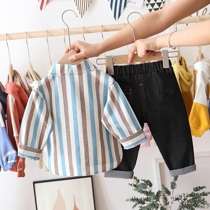 Bộ áo thun dài tay kẻ sọc + quần dài in hoạt hình cho bé trai