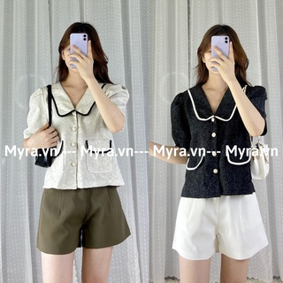 Áo dạ cổ bèo Myra áo sơ mi nữ kiểu cách điệu chất dạ mỏng cổ bánh bèo kèm túi gập tay lỡ phong cách GenZ - mã 8669