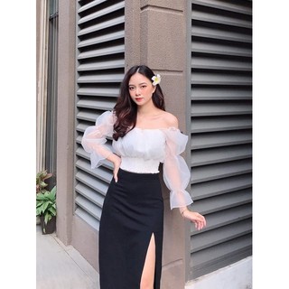 áo croptop tay lưới 2 màu trắng đen